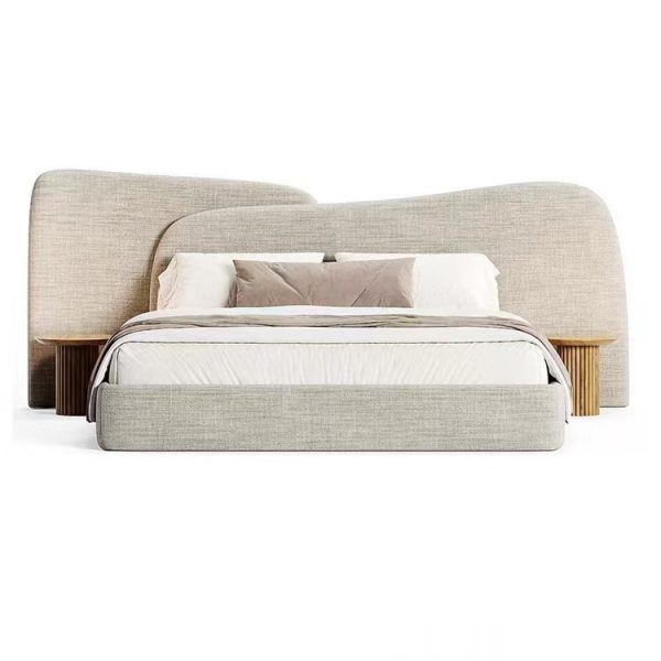 letto imbottito di design con testiera doppia curva e comodini integratiletto contemporaneo con testiera doppia curva imbottita e comodini integrati in legno. eleganza e funzionalità.
