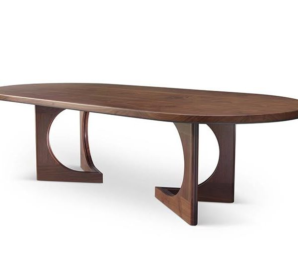 Tavolo da pranzo ovale in legno massello con base ad archi scultorei