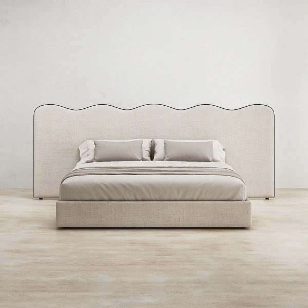 letto di design imbottito con testiera ondulata – tessuto chiaro