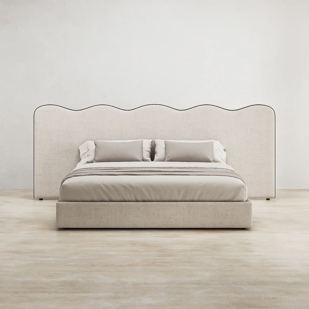 letto di design imbottito con testiera ondulata – tessuto chiaro