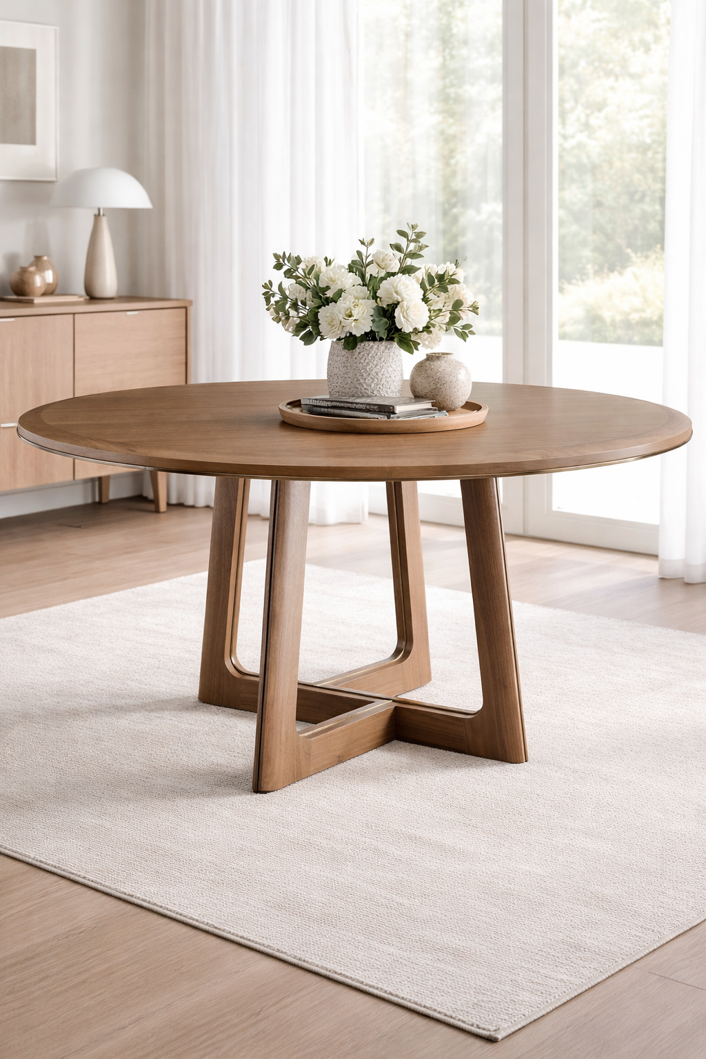 tavolo rotondo moderno in finitura legno con base scultorea