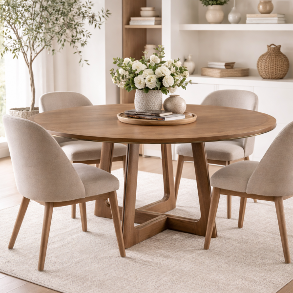 tavolo rotondo moderno in finitura legno con base scultorea