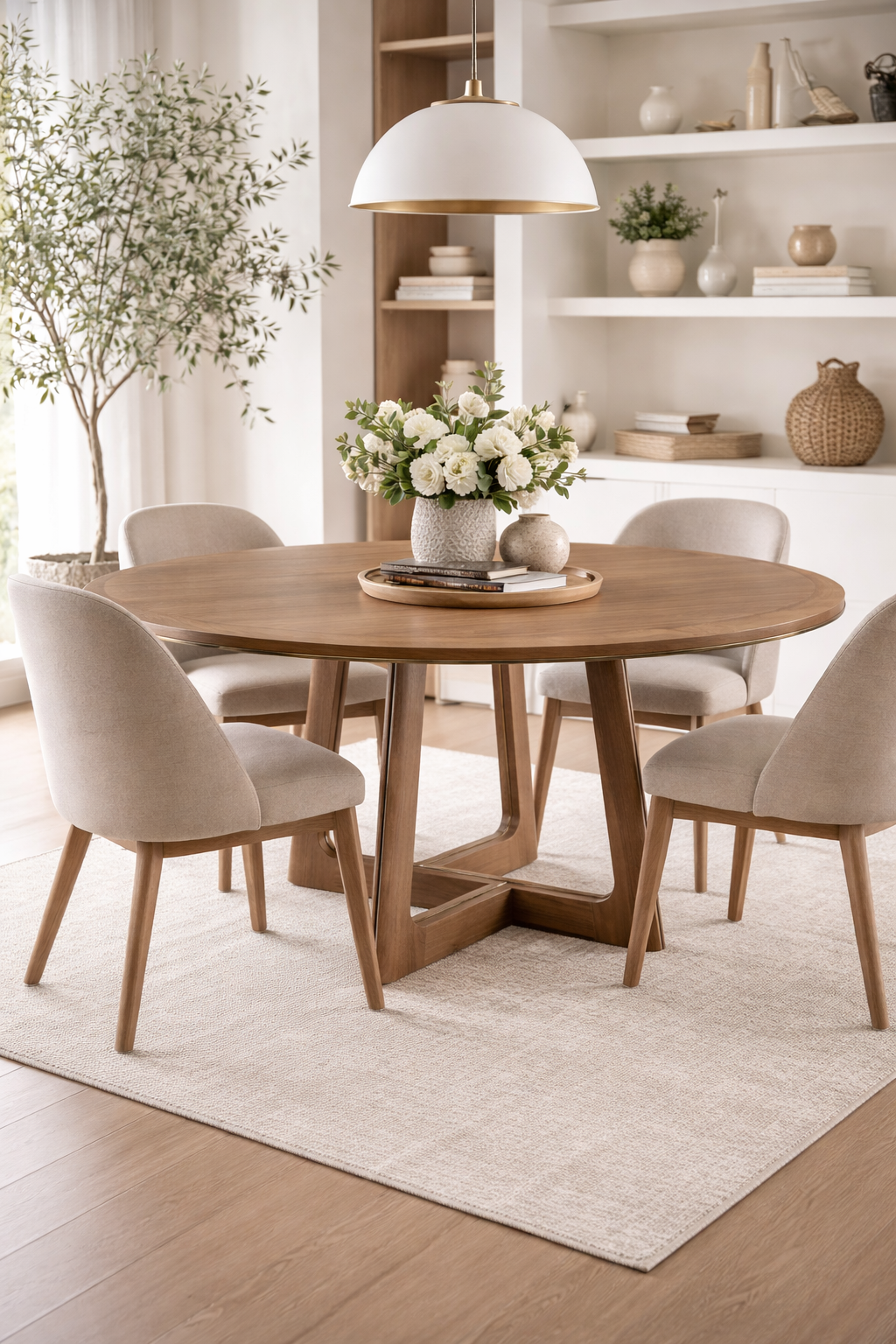 tavolo rotondo moderno in finitura legno con base scultorea