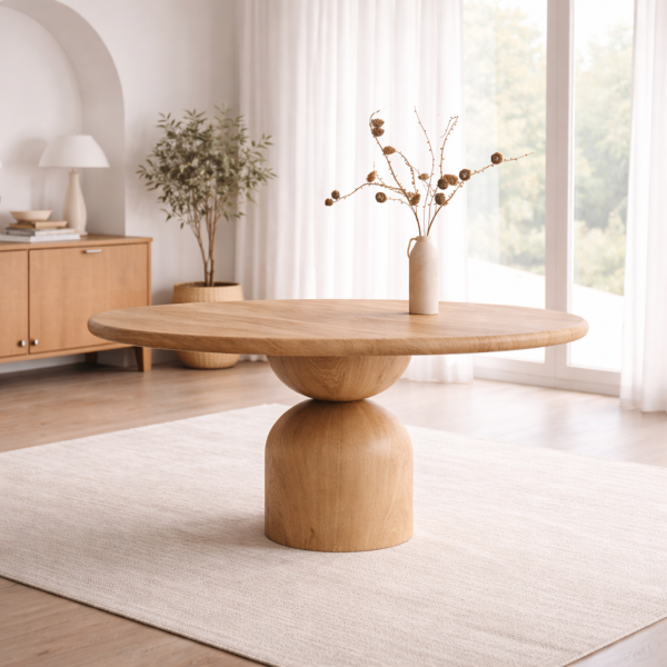 tavolo rotondo di design in legno naturale con base scultorea centrale