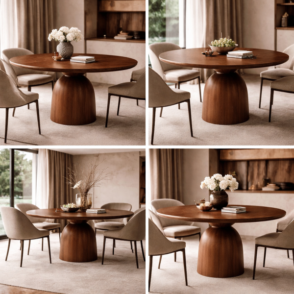 Table à manger ronde en noyer – Piètement sculptural