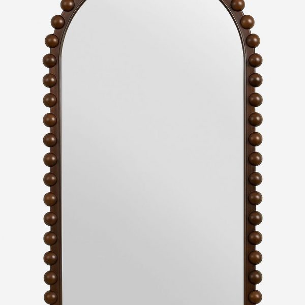 specchio ad arco con cornice in legno e dettagli sferici