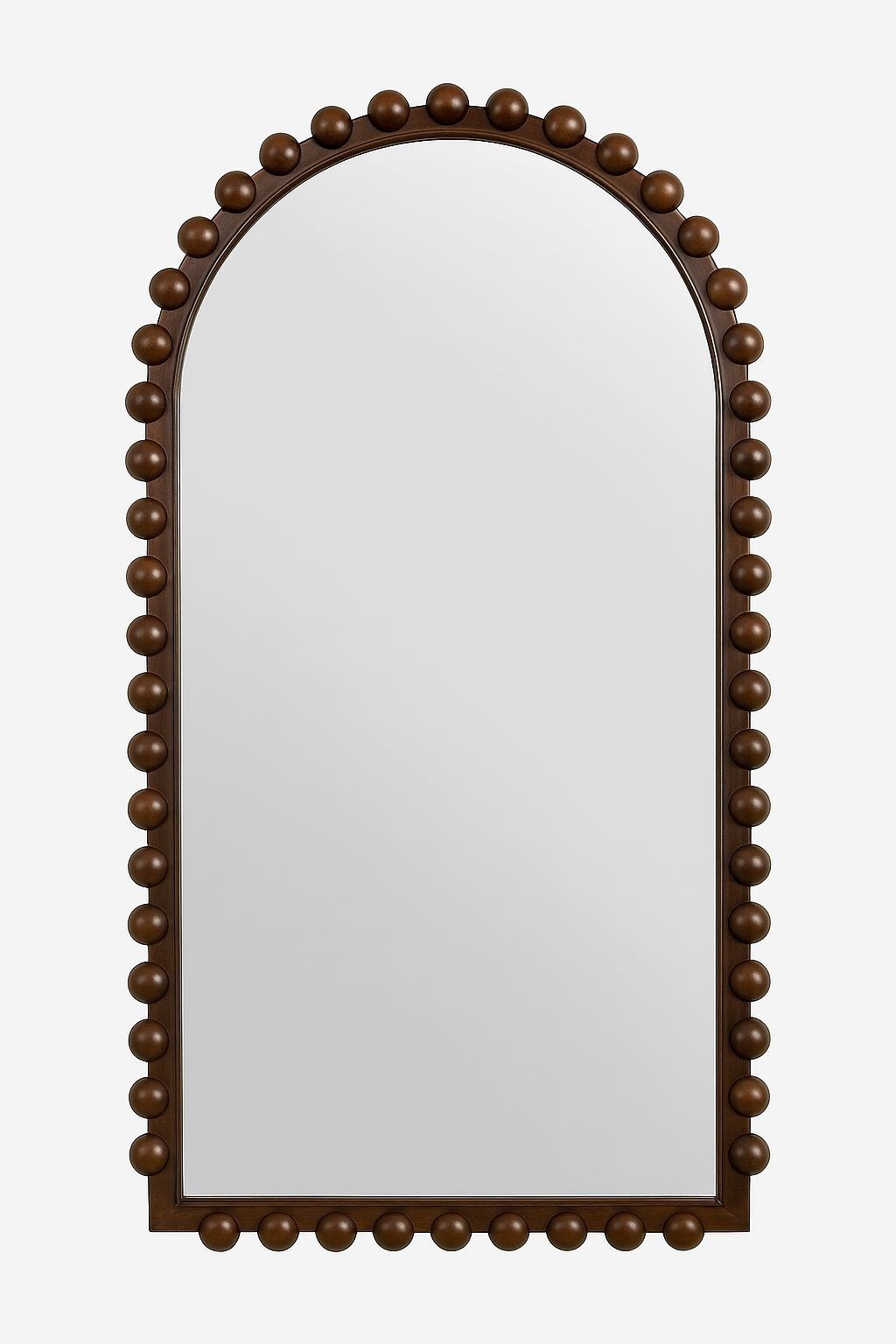 specchio ad arco con cornice in legno e dettagli sferici